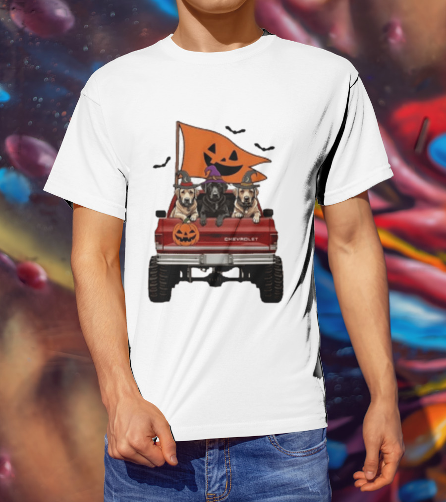 Chevrolet Halloween Dogs In Truck With Pumpkin And Bats T-Shirt
