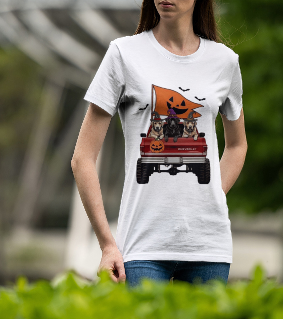 Chevrolet Halloween Dogs In Truck With Pumpkin And Bats T-Shirt
