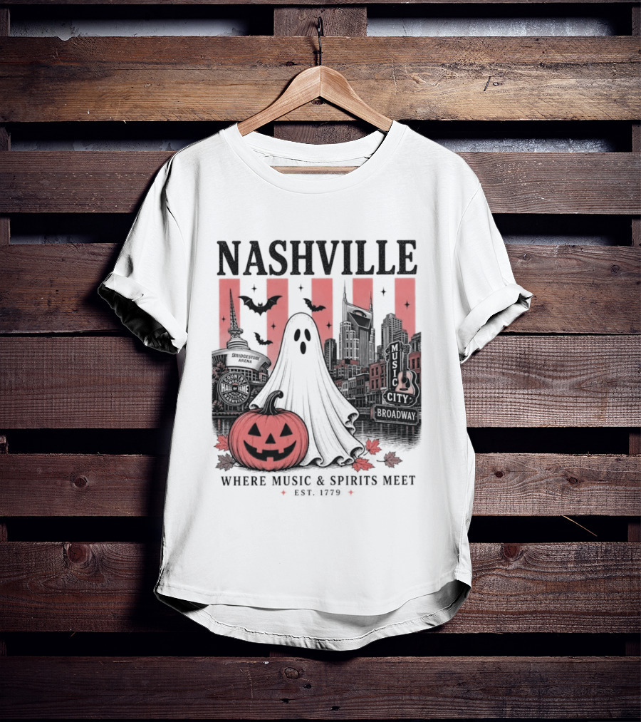 Nashville Halloween Ghost Music Spirits Skyline Pumpkin Bats T-Shirt