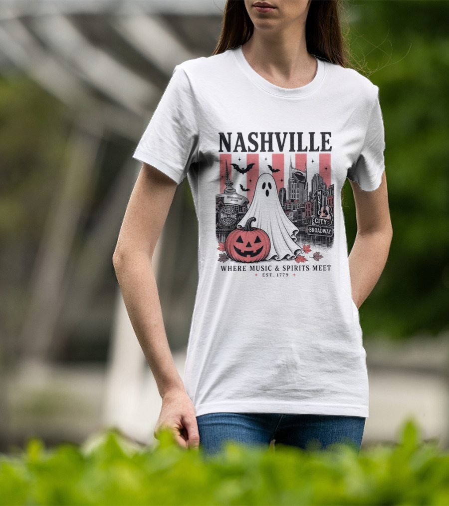 Nashville Halloween Ghost Music Spirits Skyline Pumpkin Bats T-Shirt