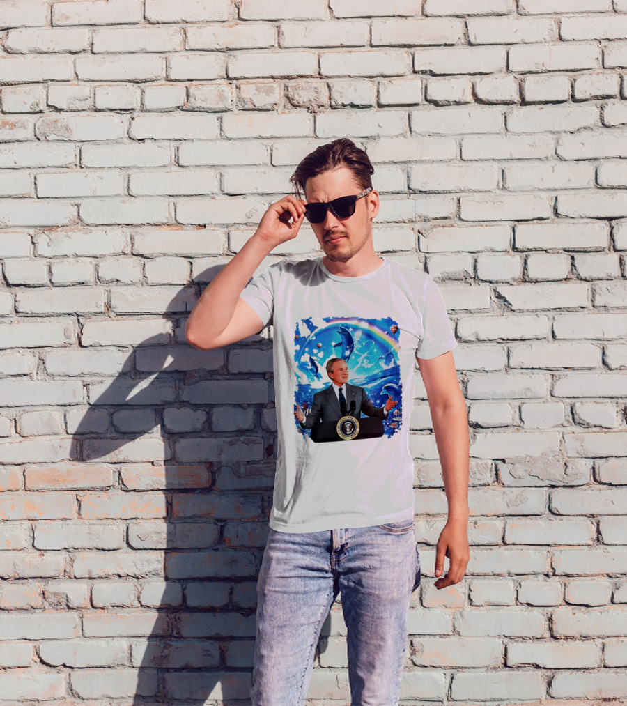 George W Bush Dolphins Coexist Peacefully With Rainbow And Ocean Scene T-Shirt