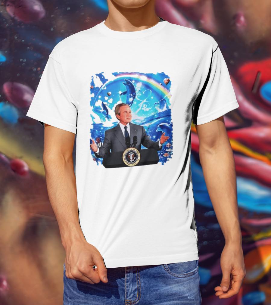 George W Bush Dolphins Coexist Peacefully With Rainbow And Ocean Scene T-Shirt