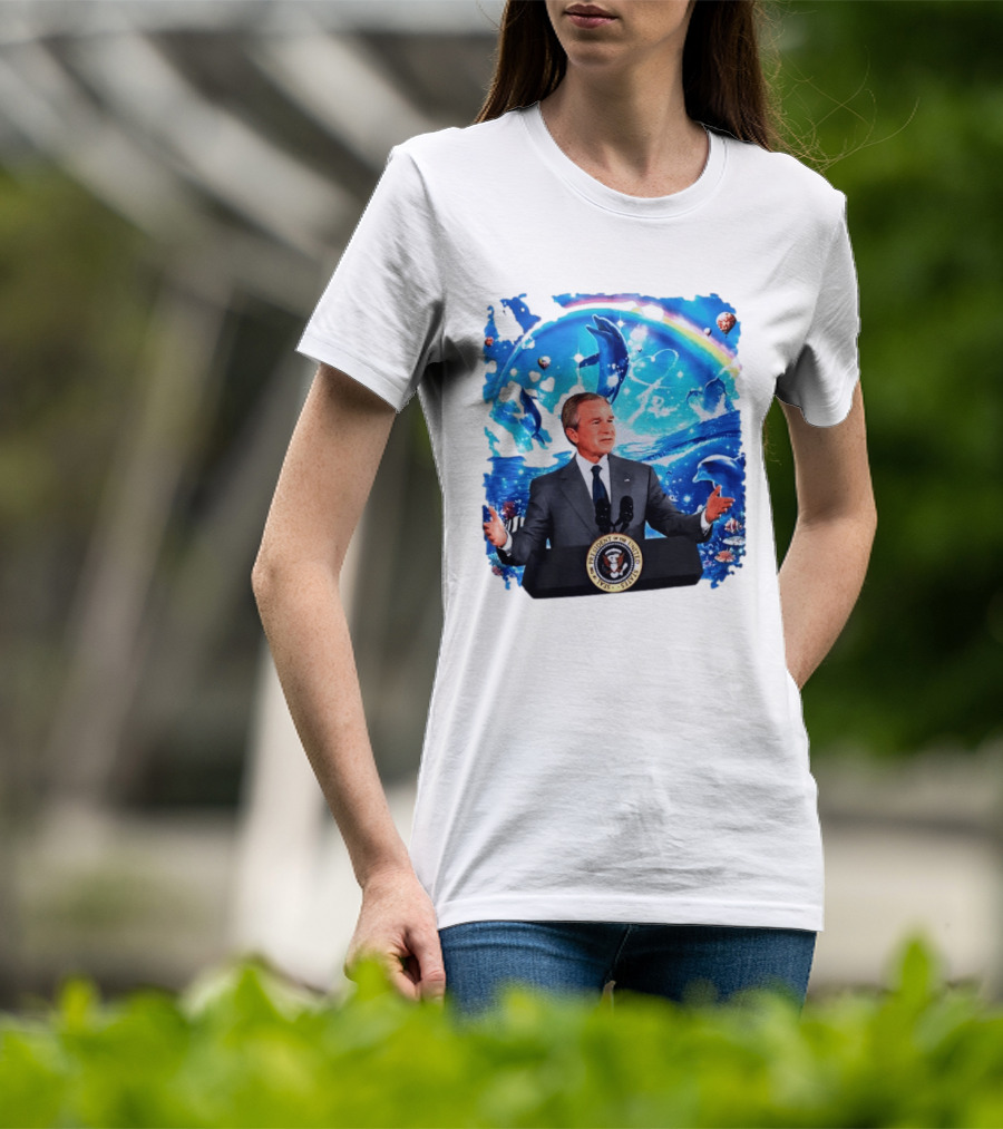 George W Bush Dolphins Coexist Peacefully With Rainbow And Ocean Scene T-Shirt