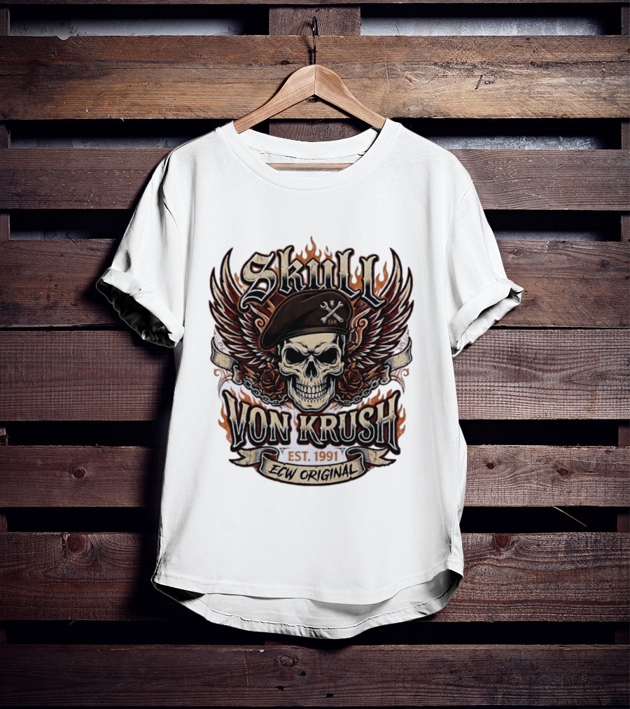 Skull Von Krush SVK Est 1991 ECW Original Flame Wings Roses T-Shirt