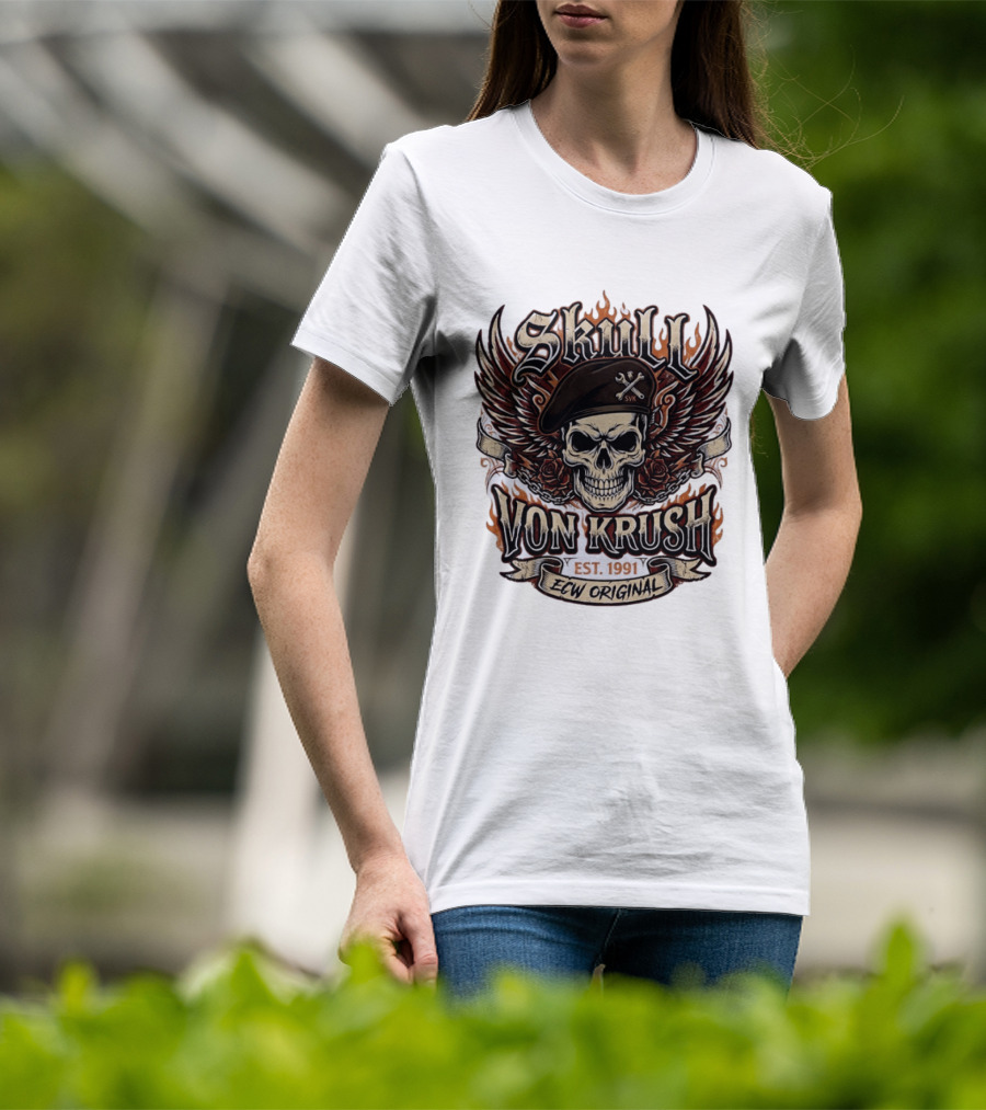 Skull Von Krush SVK Est 1991 ECW Original Flame Wings Roses T-Shirt