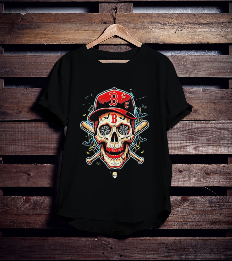Boston Red Sox Skull Baseball Crossed Bats Red Cap T-Shirt