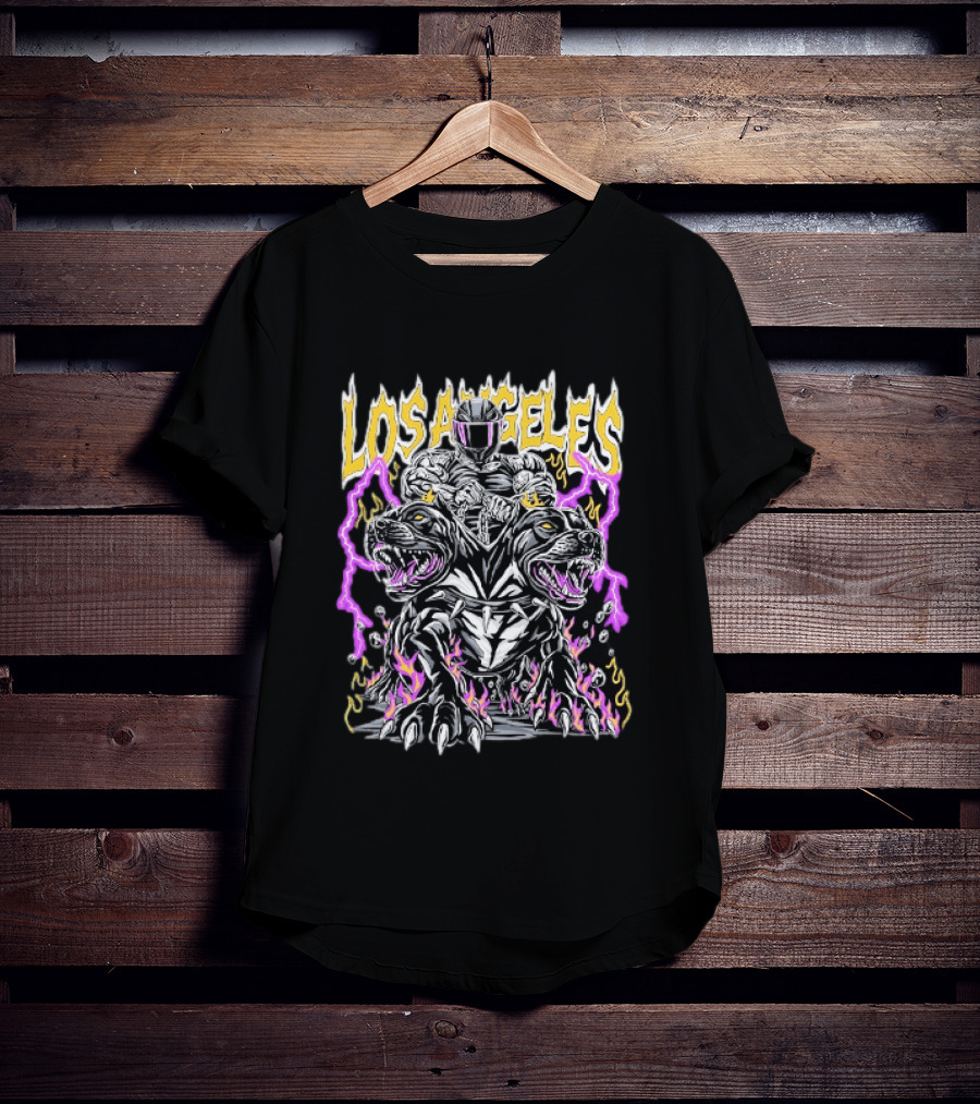 Los Angeles Rider With Two Headed Pitbull And Flames T-Shirt