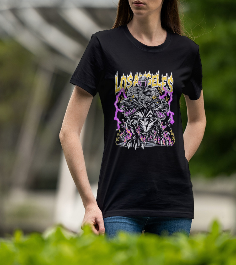 Los Angeles Rider With Two Headed Pitbull And Flames T-Shirt