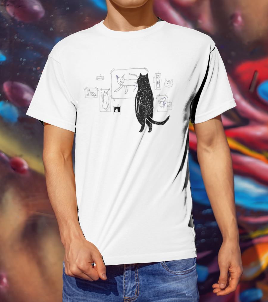 Black Cat Observing Doodle Drawings Of Cats T-Shirt