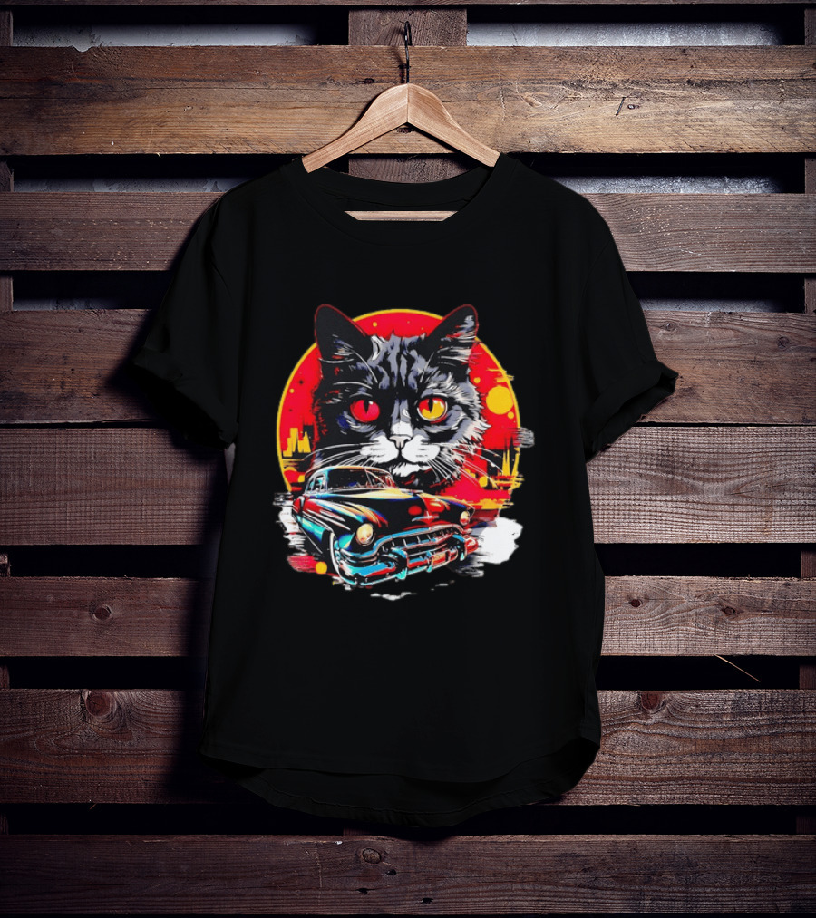 Black Cat With Vintage Classic Car And Retro Sunset T-Shirt