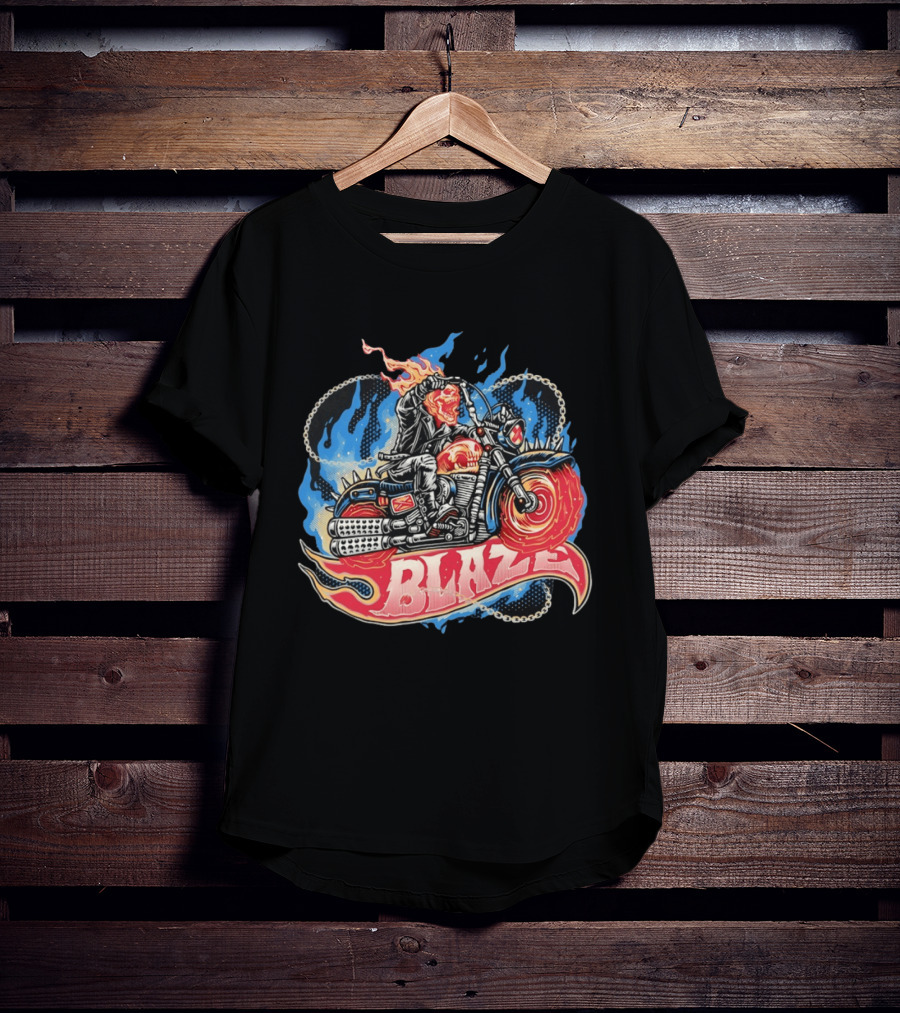 Blaze Flaming Skull Motorcycle Rider Blue Flame T-Shirt