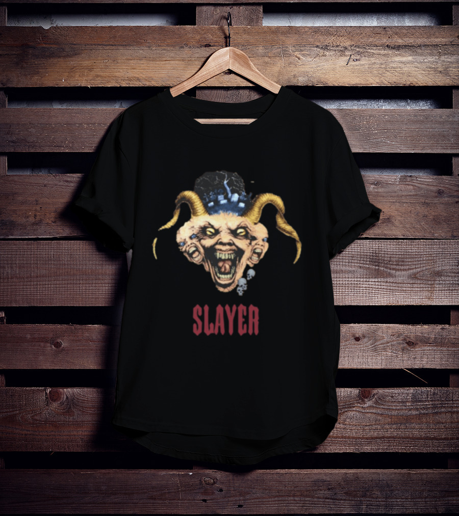 Slayer Triple Demon Head With Horns And Skulls T-Shirt