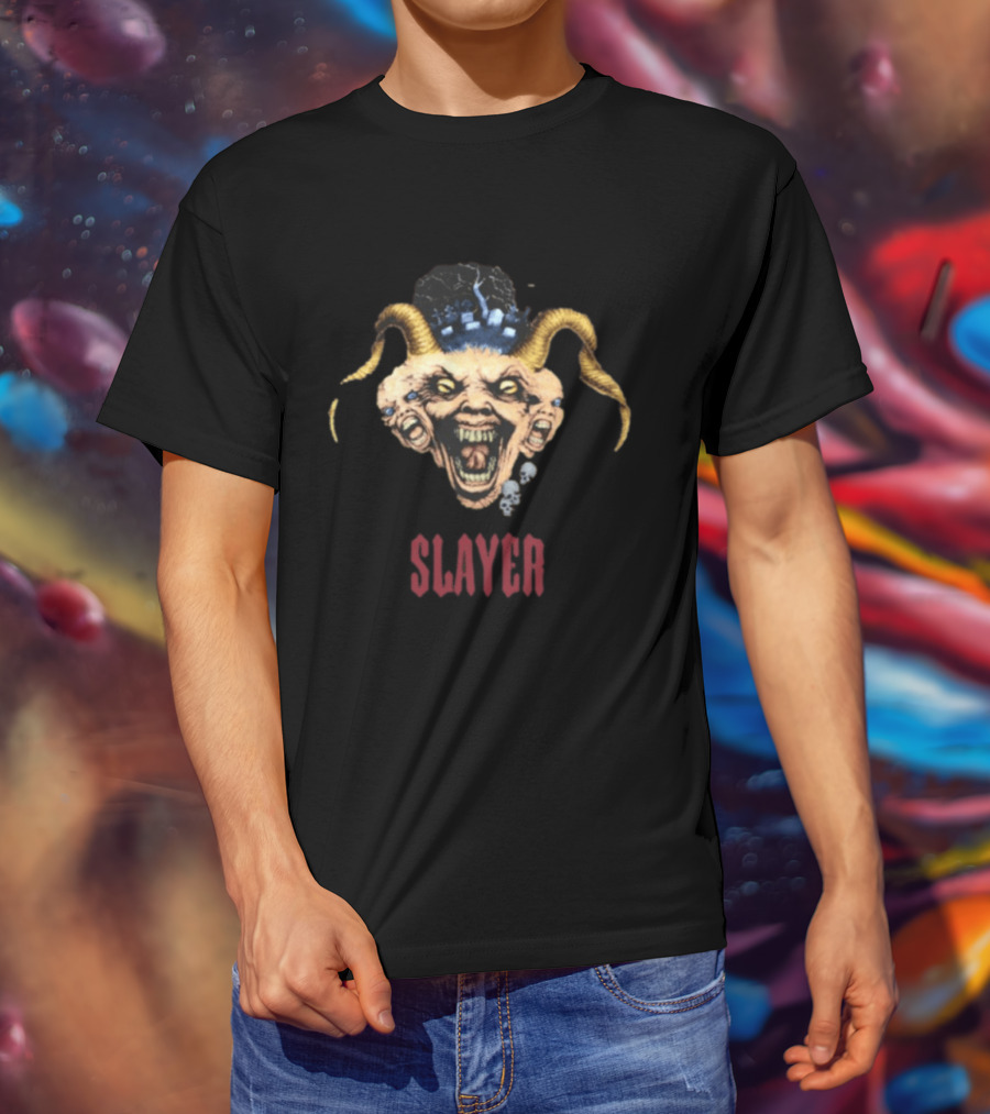 Slayer Triple Demon Head With Horns And Skulls T-Shirt