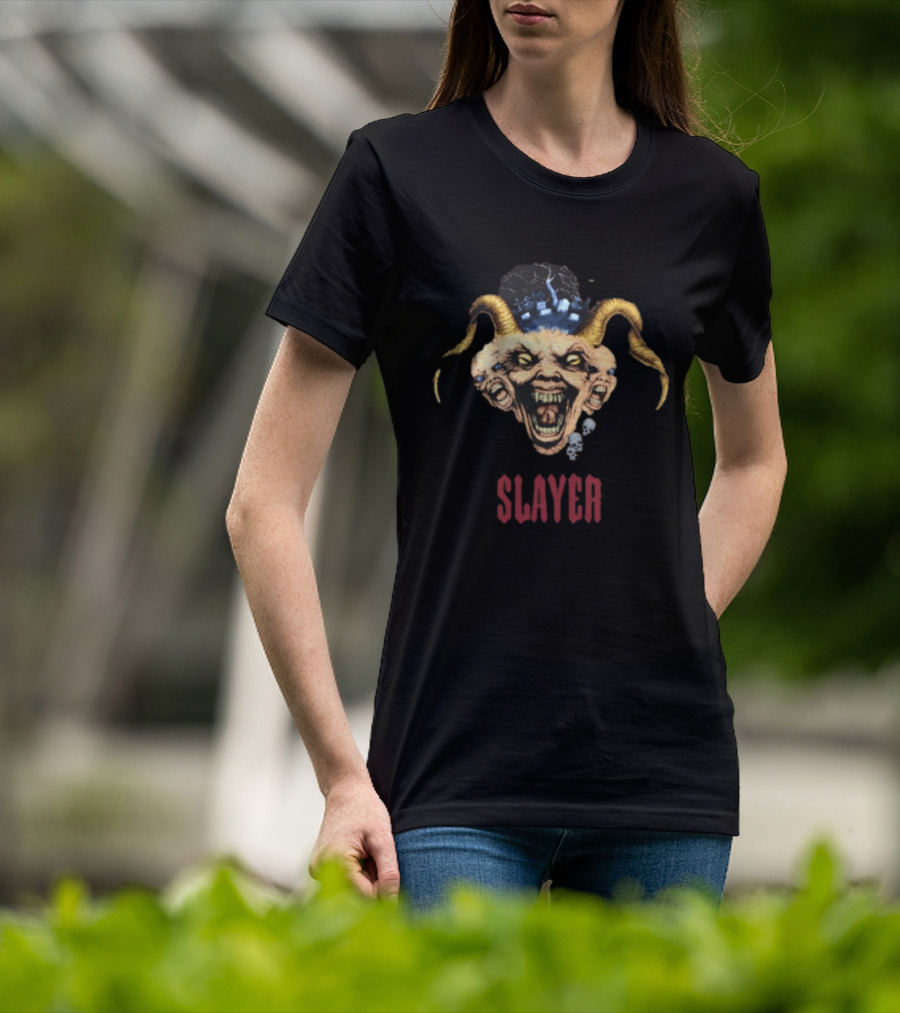 Slayer Triple Demon Head With Horns And Skulls T-Shirt