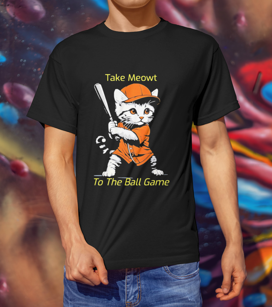 Take Meowt To The Ball Game Baseball Cat In Orange Uniform With Bat T-Shirt