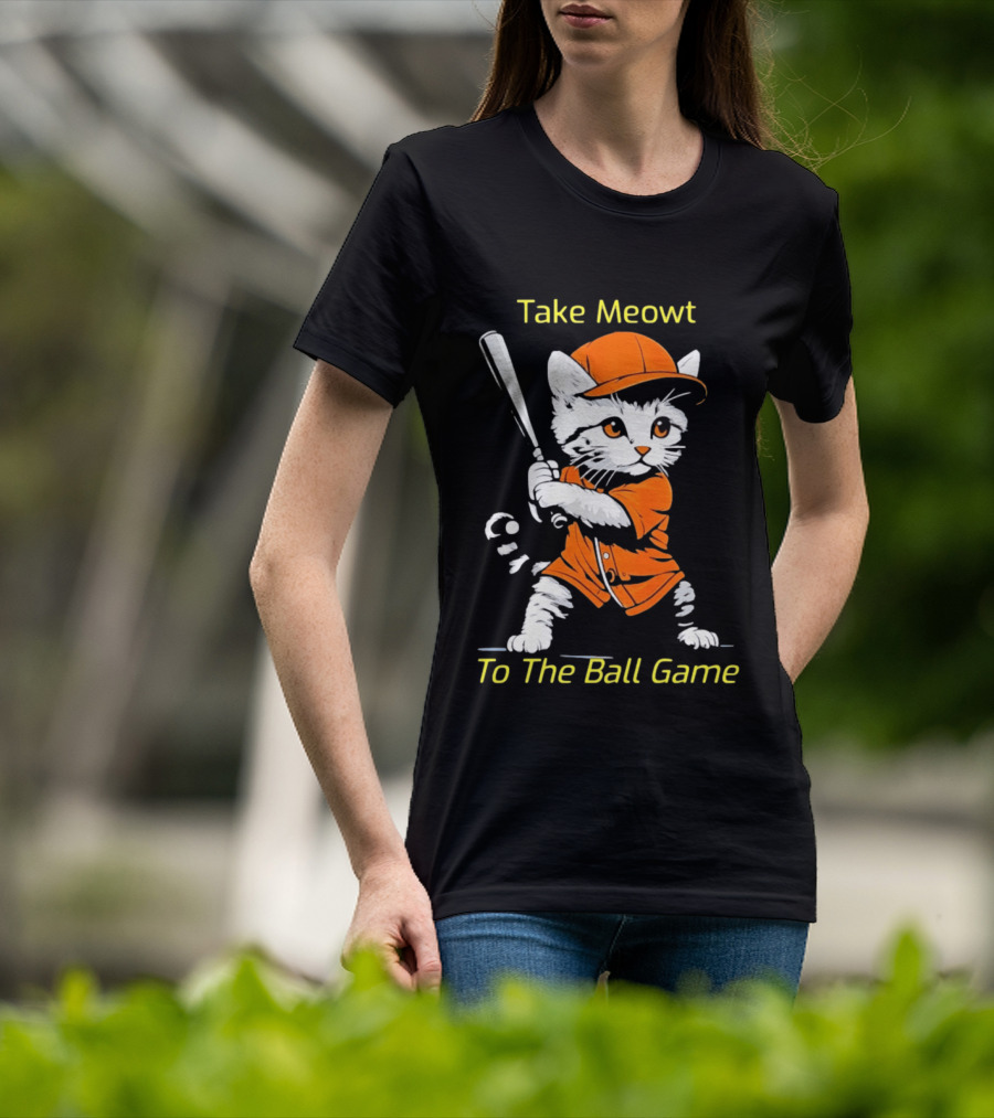 Take Meowt To The Ball Game Baseball Cat In Orange Uniform With Bat T-Shirt