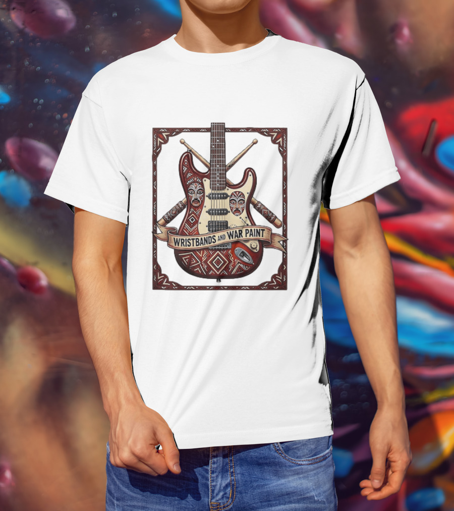 Wristbands And War Paint Electric Guitar Tribal Mask T-Shirt