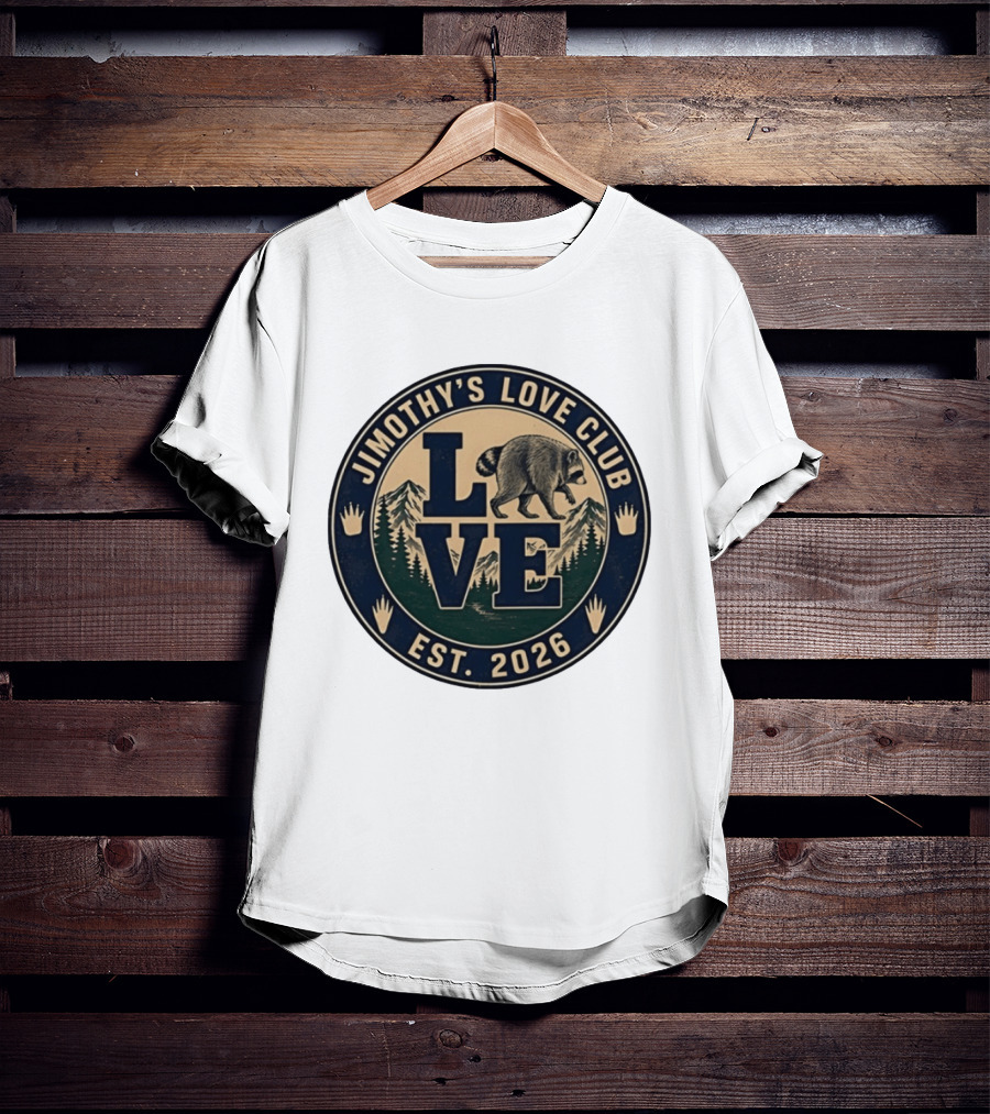Jimothy's Love Club Raccoon Love Est 2026 Mountain Shield T-Shirt