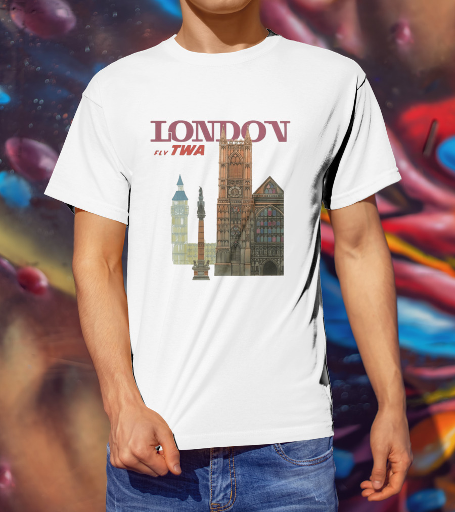 London Fly TWA Travel Big Ben Westminster Abbey Landmark T-Shirt