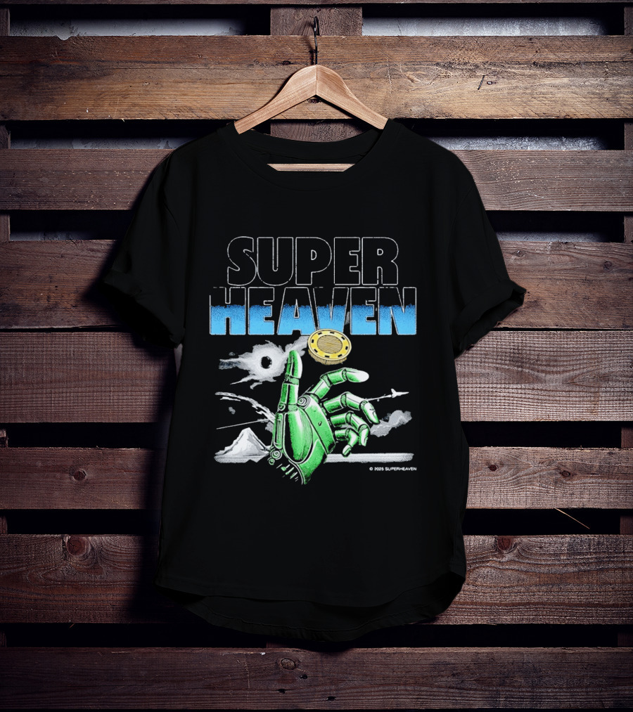 Superheaven Robotic Hand Space Adventure Coin And Mountain Scene T-Shirt