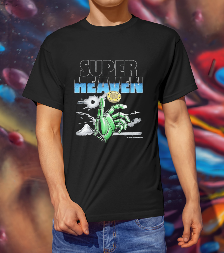 Superheaven Robotic Hand Space Adventure Coin And Mountain Scene T-Shirt