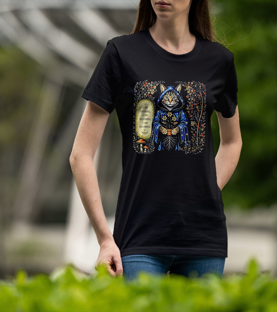 I Am Growing I Am Blooming I Am Becoming Wizard Cat Enchanted Blooms Nature Magic T-Shirt