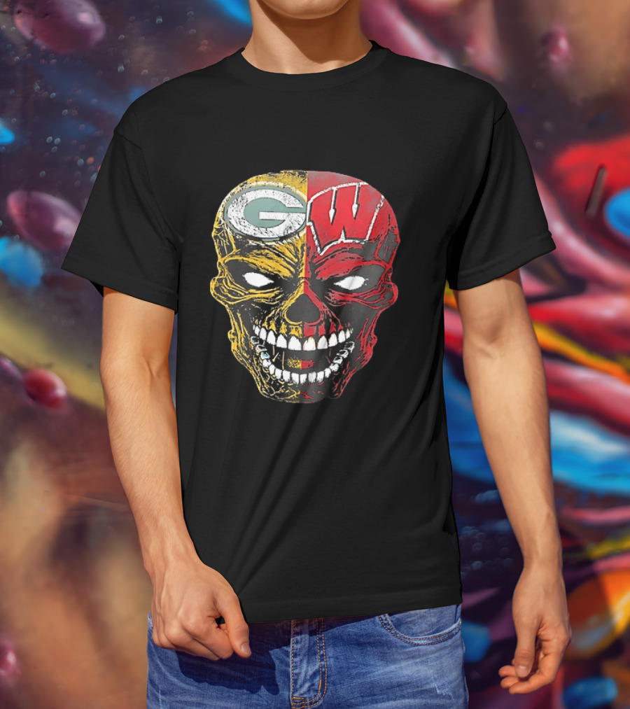 Wisconsin Green Bay Packers Badgers G W Skull Black T-Shirt
