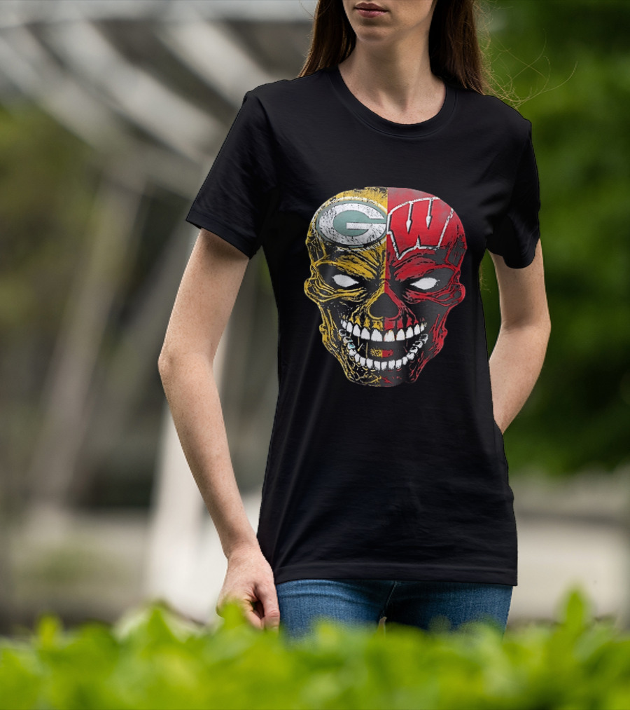 Wisconsin Green Bay Packers Badgers G W Skull Black T-Shirt