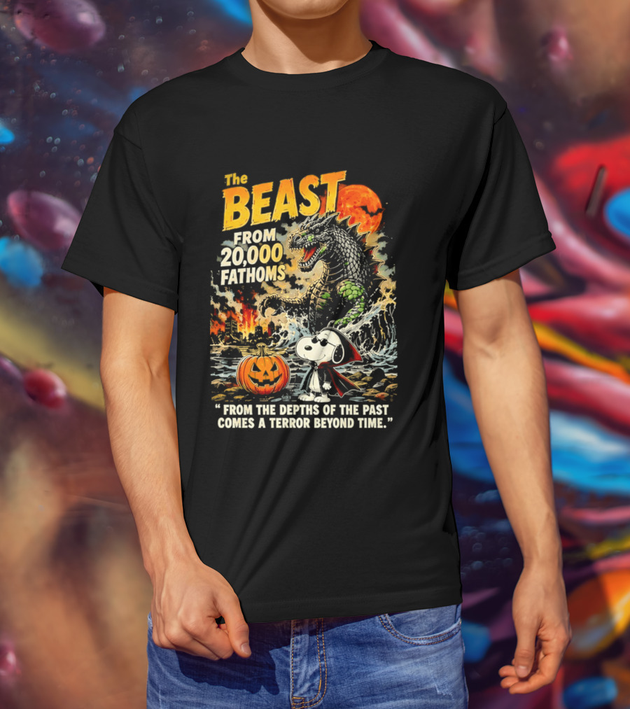 Snoopy And The Beast From 20000 Fathoms Halloween Pumpkin Terror T-Shirt