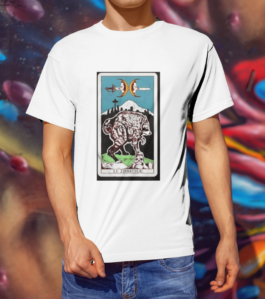Le Jimothae Raccoon Tarot Seattle Skyline Moon Swords T-Shirt