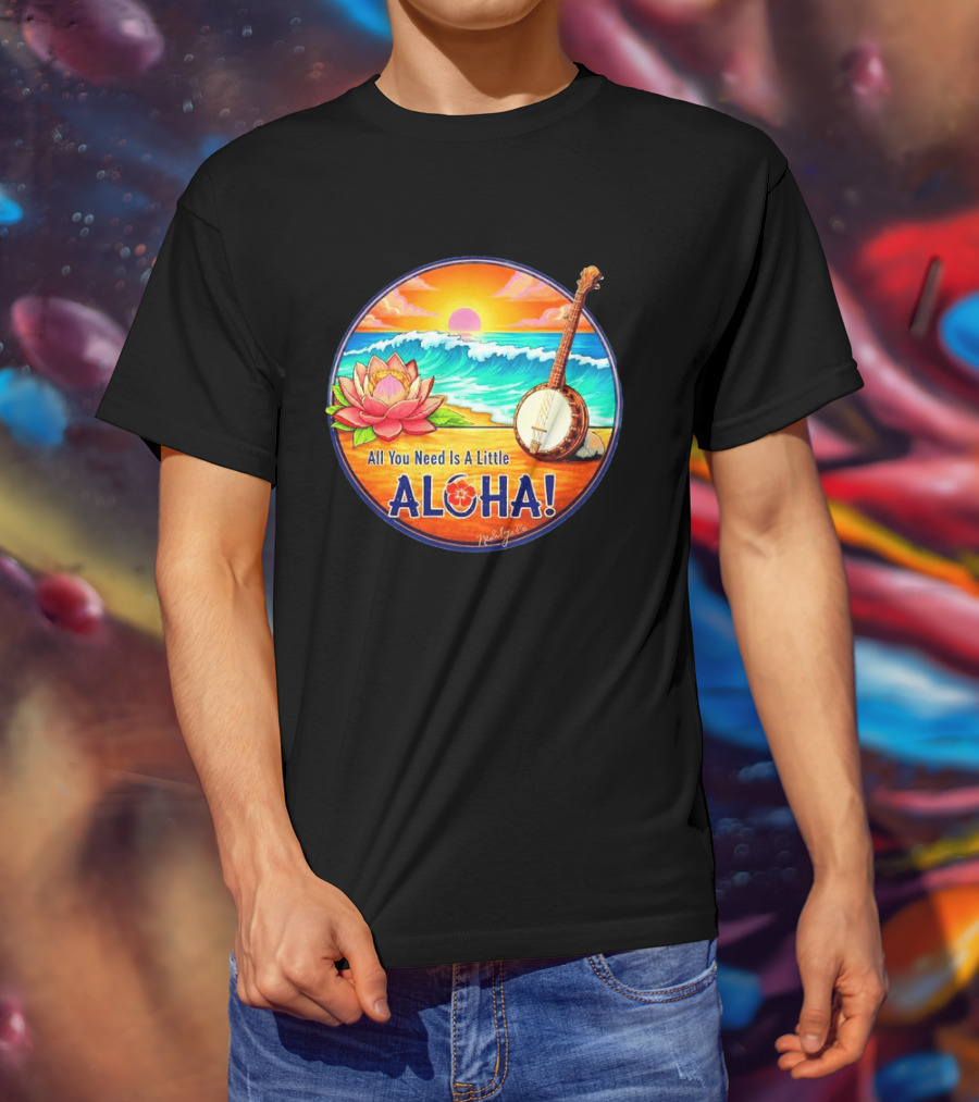 All You Need Is A Little Aloha Lotus Flower Sunset Ocean Banjo T-Shirt