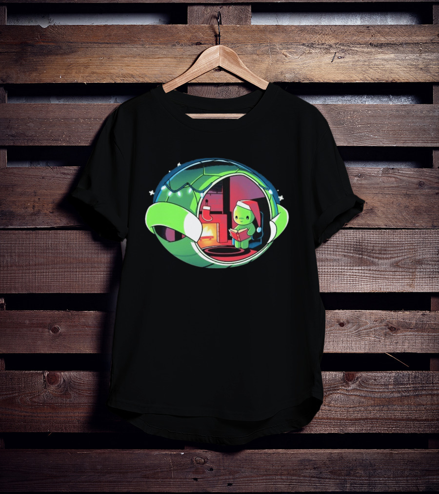 Christmas Turtle Cozy Holiday Scene With Santa Hat And Fireplace T-Shirt