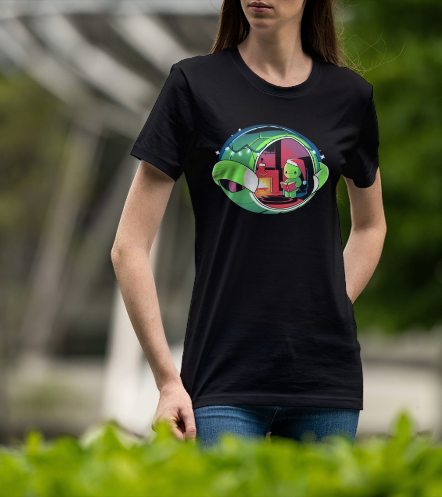 Christmas Turtle Cozy Holiday Scene With Santa Hat And Fireplace T-Shirt