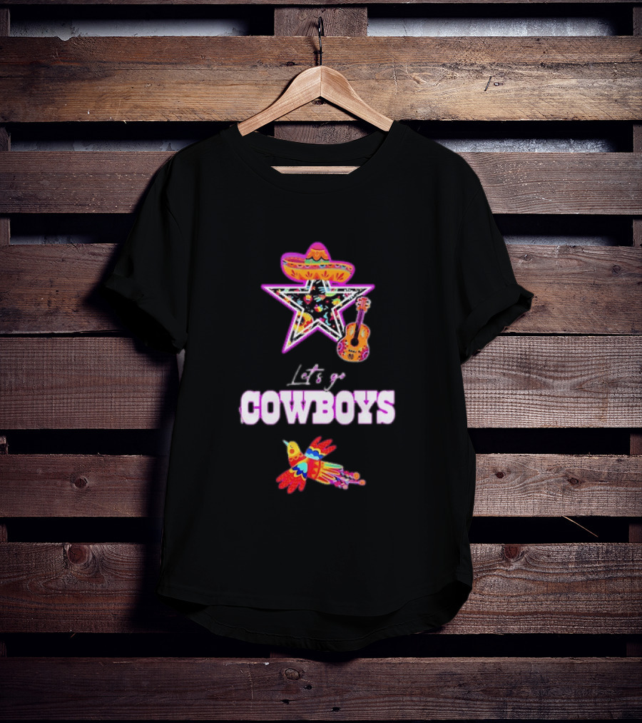Let's Go Cowboys Mexican Folk Sombrero Star Guitar Bird T-Shirt