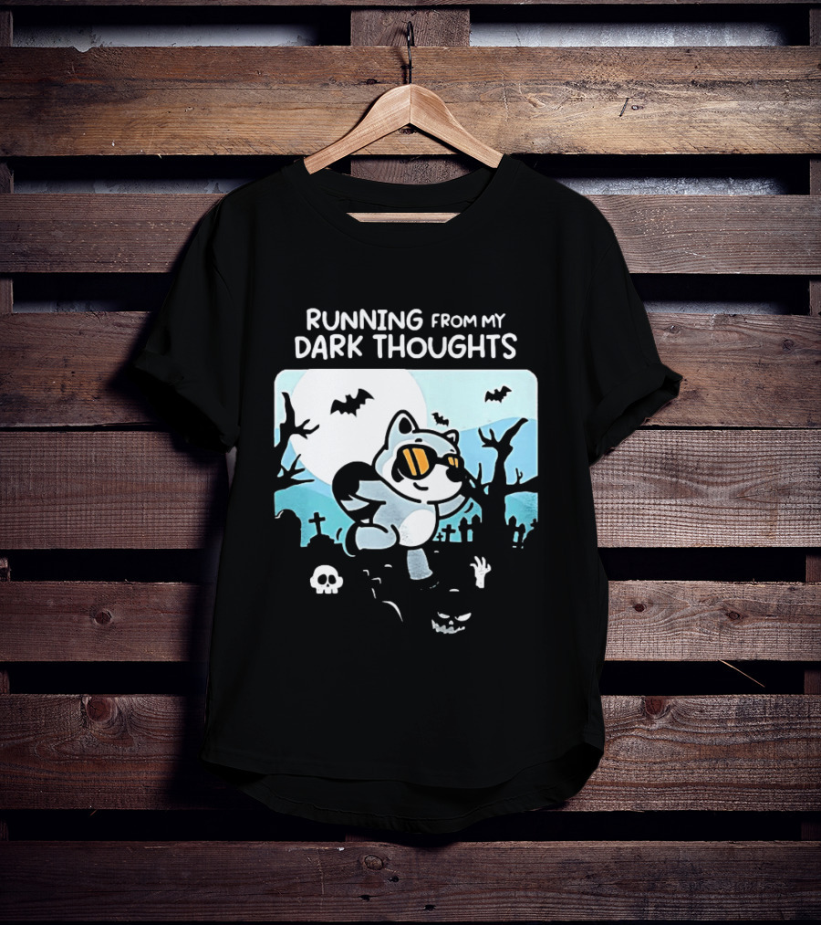 Raccoon Running From My Dark Thoughts Moonlight Bats And Graveyard Scene T-Shirt