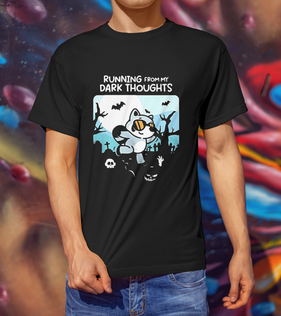 Raccoon Running From My Dark Thoughts Moonlight Bats And Graveyard Scene T-Shirt