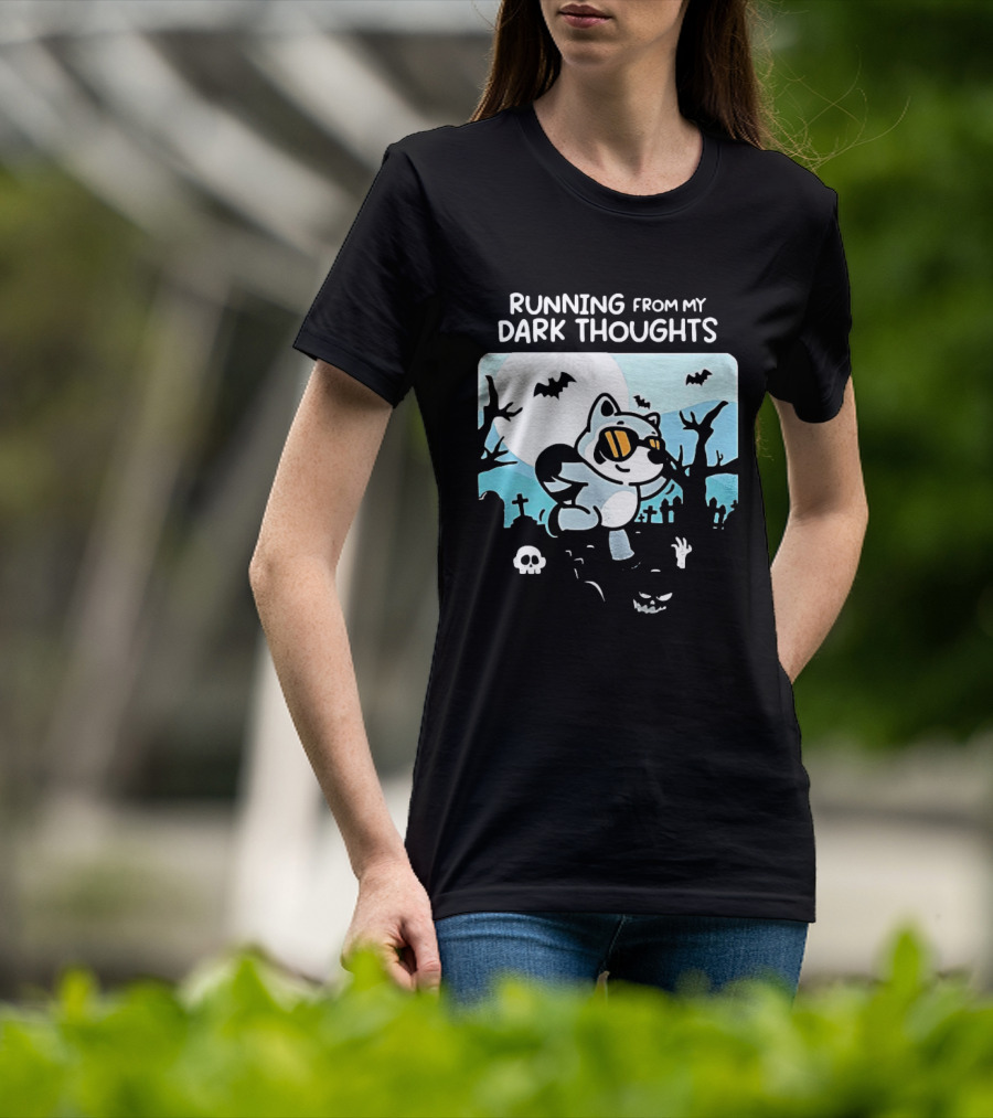 Raccoon Running From My Dark Thoughts Moonlight Bats And Graveyard Scene T-Shirt