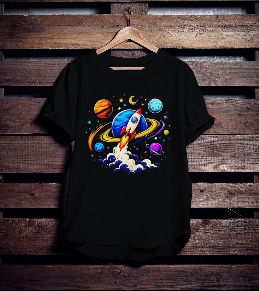 Space Rocket Launch With Vibrant Orbiting Planets And Stars T-Shirt