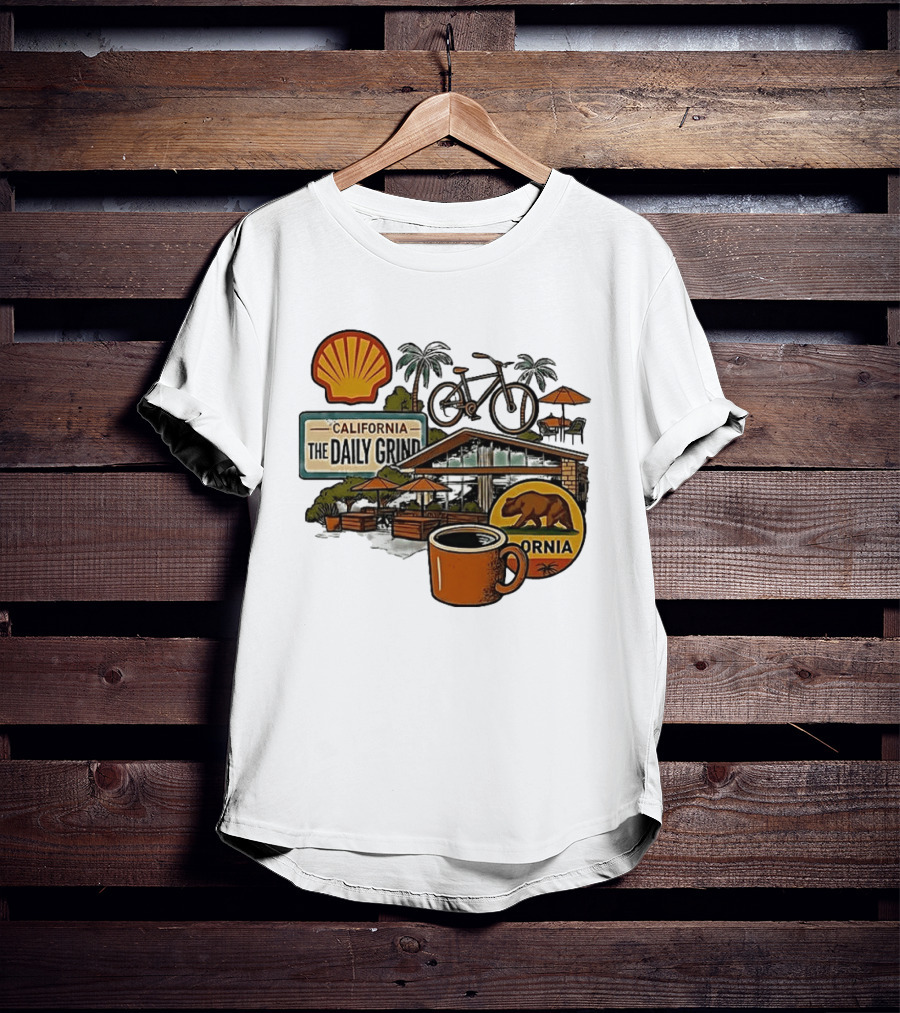 California The Daily Grind Shell Coffee Bear Bike Palms T-Shirt