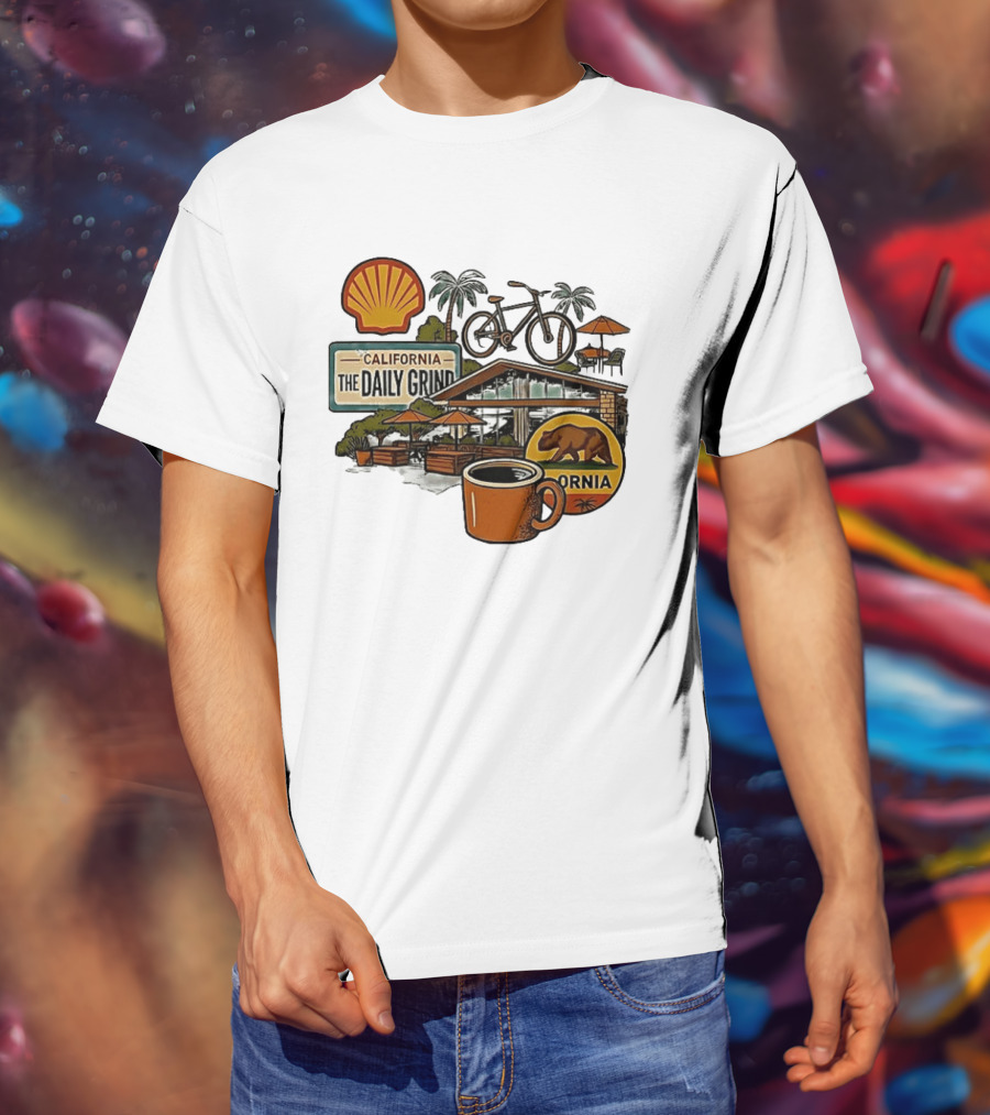 California The Daily Grind Shell Coffee Bear Bike Palms T-Shirt