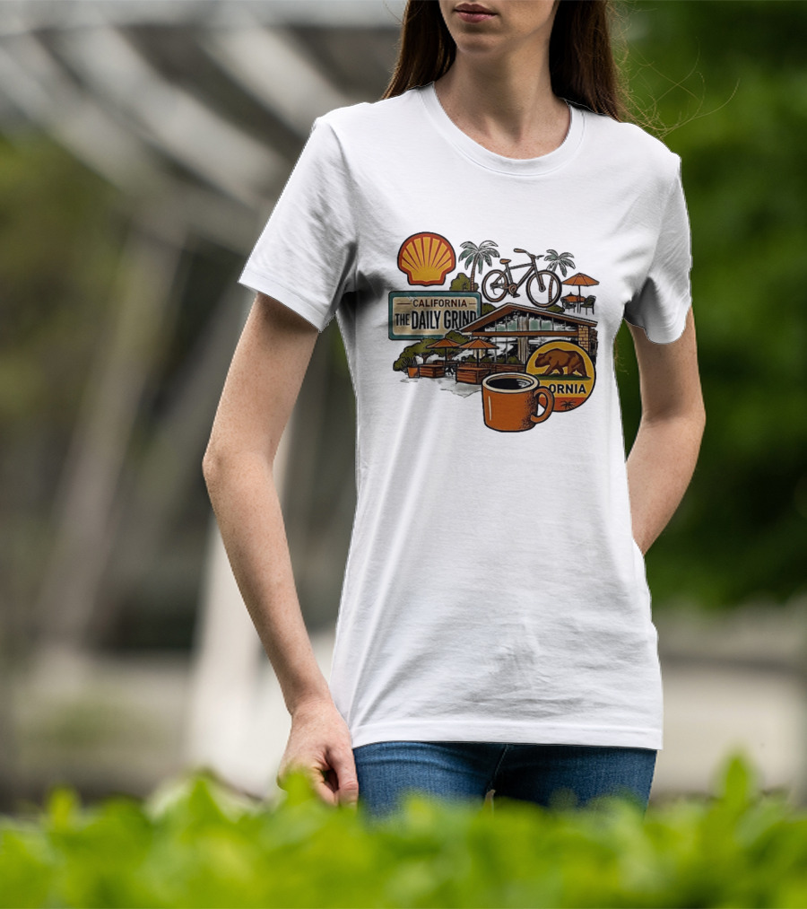California The Daily Grind Shell Coffee Bear Bike Palms T-Shirt