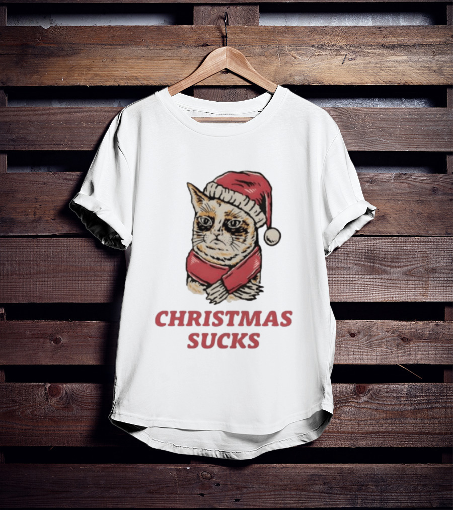 Cat Santa Hat Christmas Sucks Grumpy Humor T-Shirt