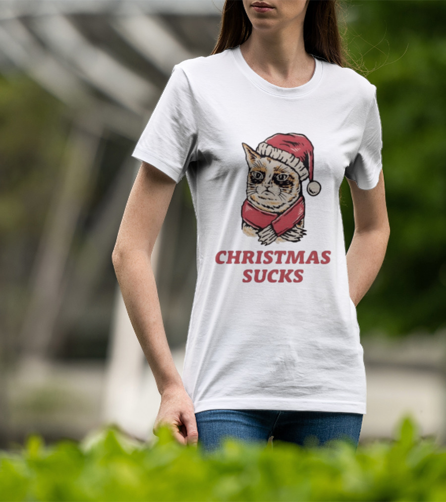 Cat Santa Hat Christmas Sucks Grumpy Humor T-Shirt