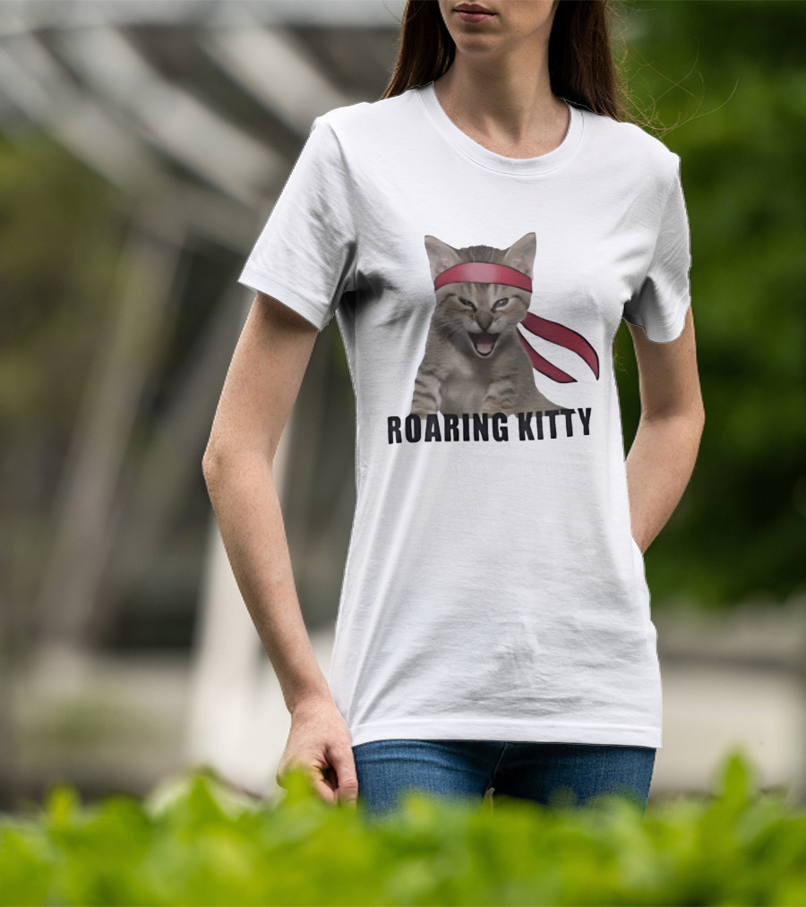 Roaring Kitty Kitten In Red Headband Stock Market Meme T-Shirt