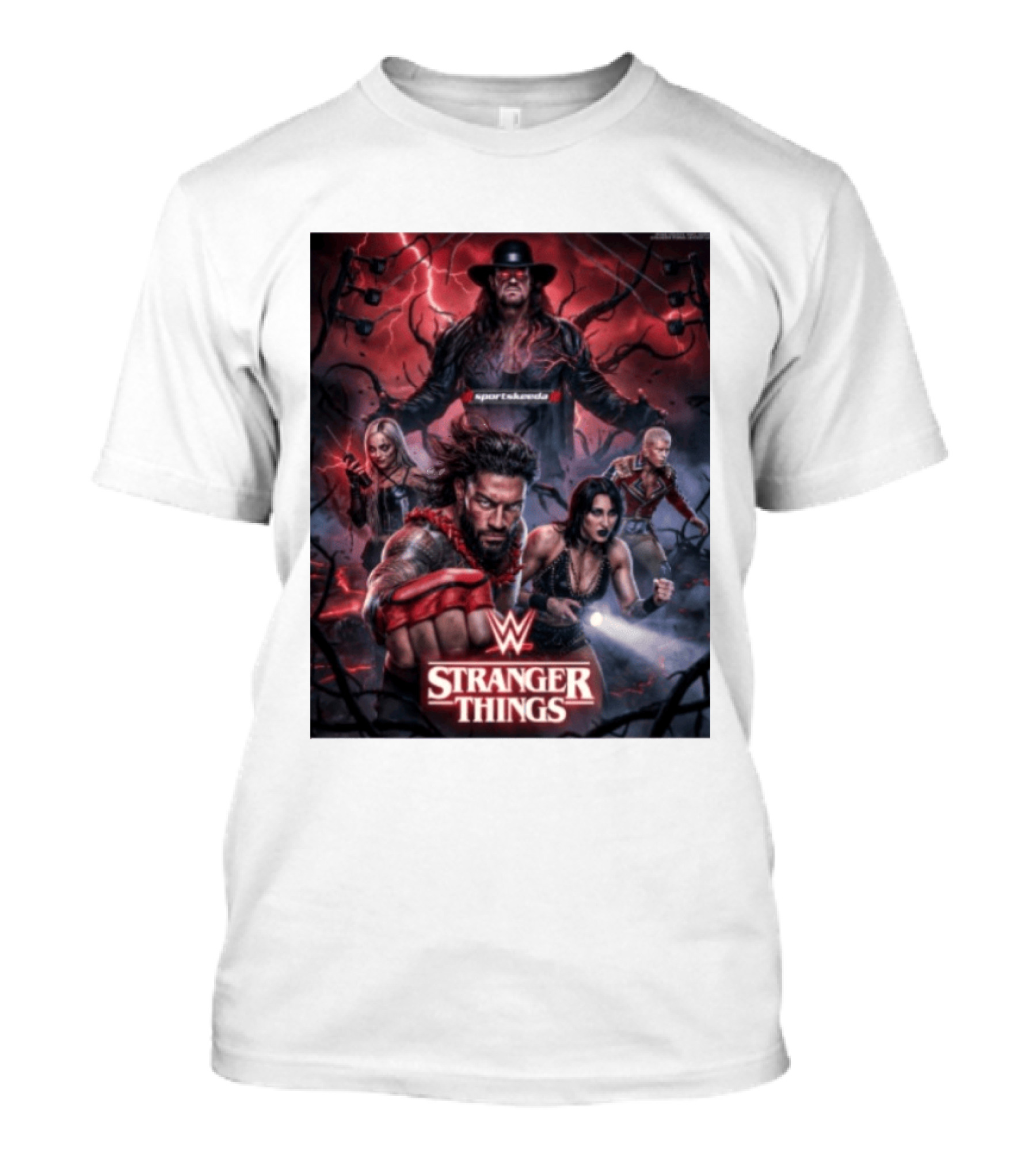 WWE And Stranger Things Crossover With The Undertaker, Roman Reigns, Cody Rhodes, Rhea Ripley, And Liv Morgan T-Shirt