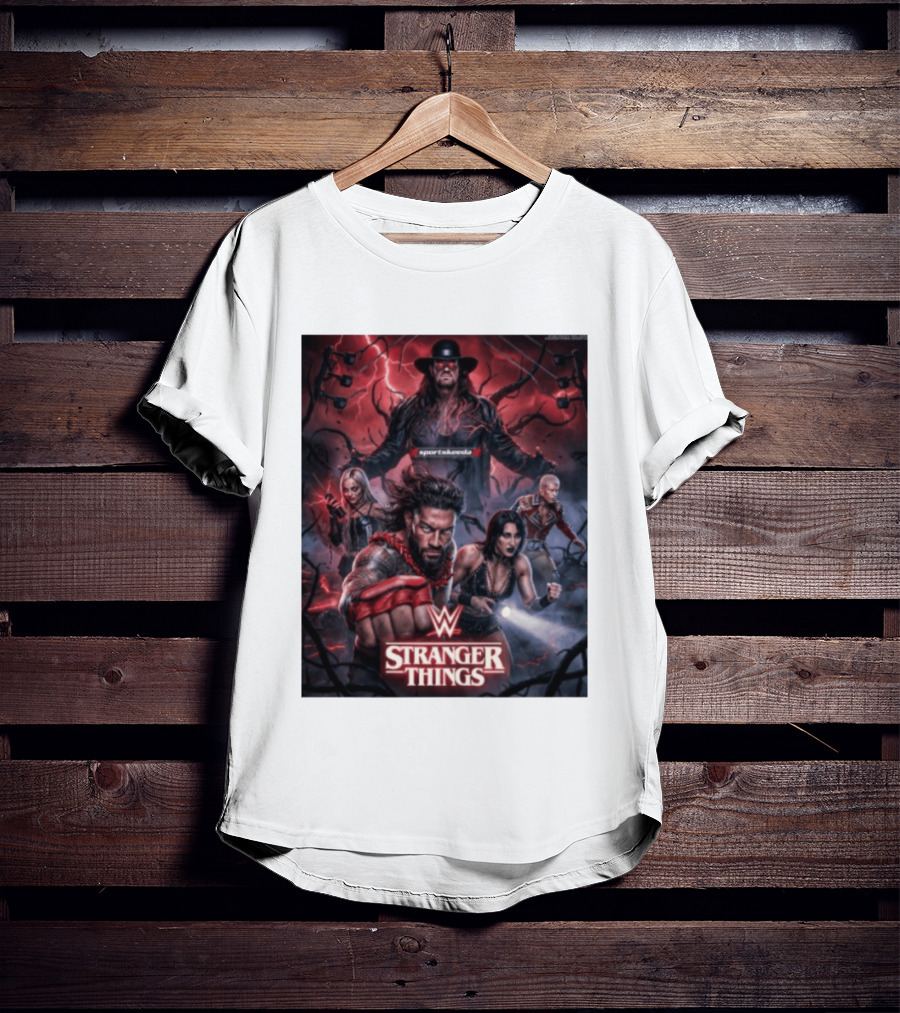 WWE And Stranger Things Crossover With The Undertaker, Roman Reigns, Cody Rhodes, Rhea Ripley, And Liv Morgan T-Shirt