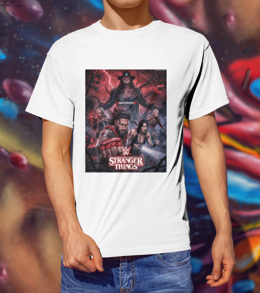 WWE And Stranger Things Crossover With The Undertaker, Roman Reigns, Cody Rhodes, Rhea Ripley, And Liv Morgan T-Shirt