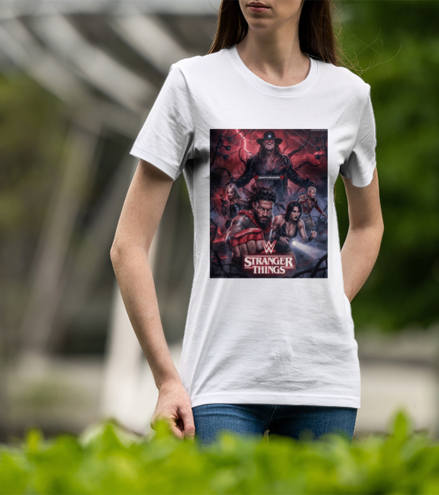 WWE And Stranger Things Crossover With The Undertaker, Roman Reigns, Cody Rhodes, Rhea Ripley, And Liv Morgan T-Shirt