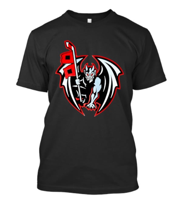 Greensboro Gargoyles Hockey Team Winged Gargoyle Holding Hockey Stick With Red Flag T-Shirt