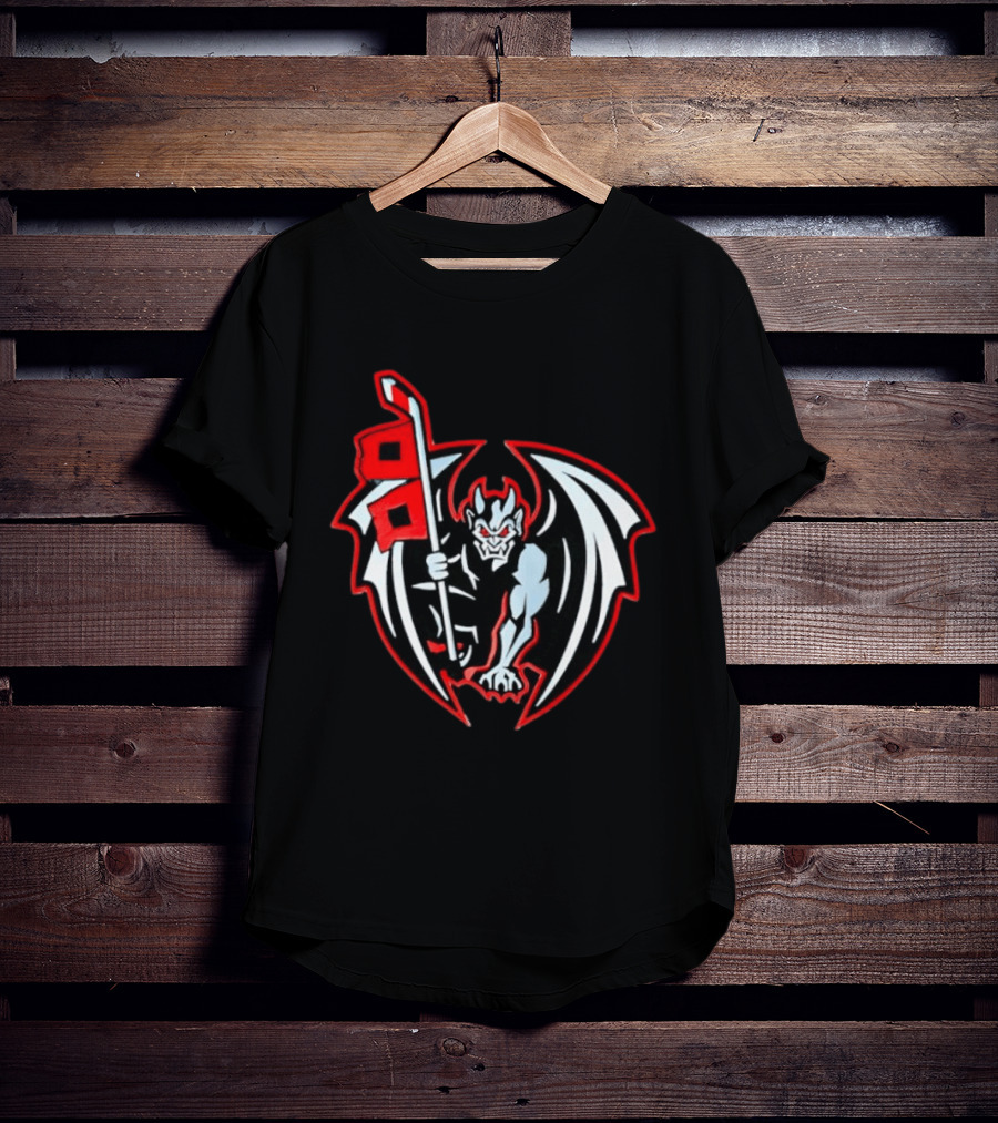 Greensboro Gargoyles Hockey Team Winged Gargoyle Holding Hockey Stick With Red Flag T-Shirt